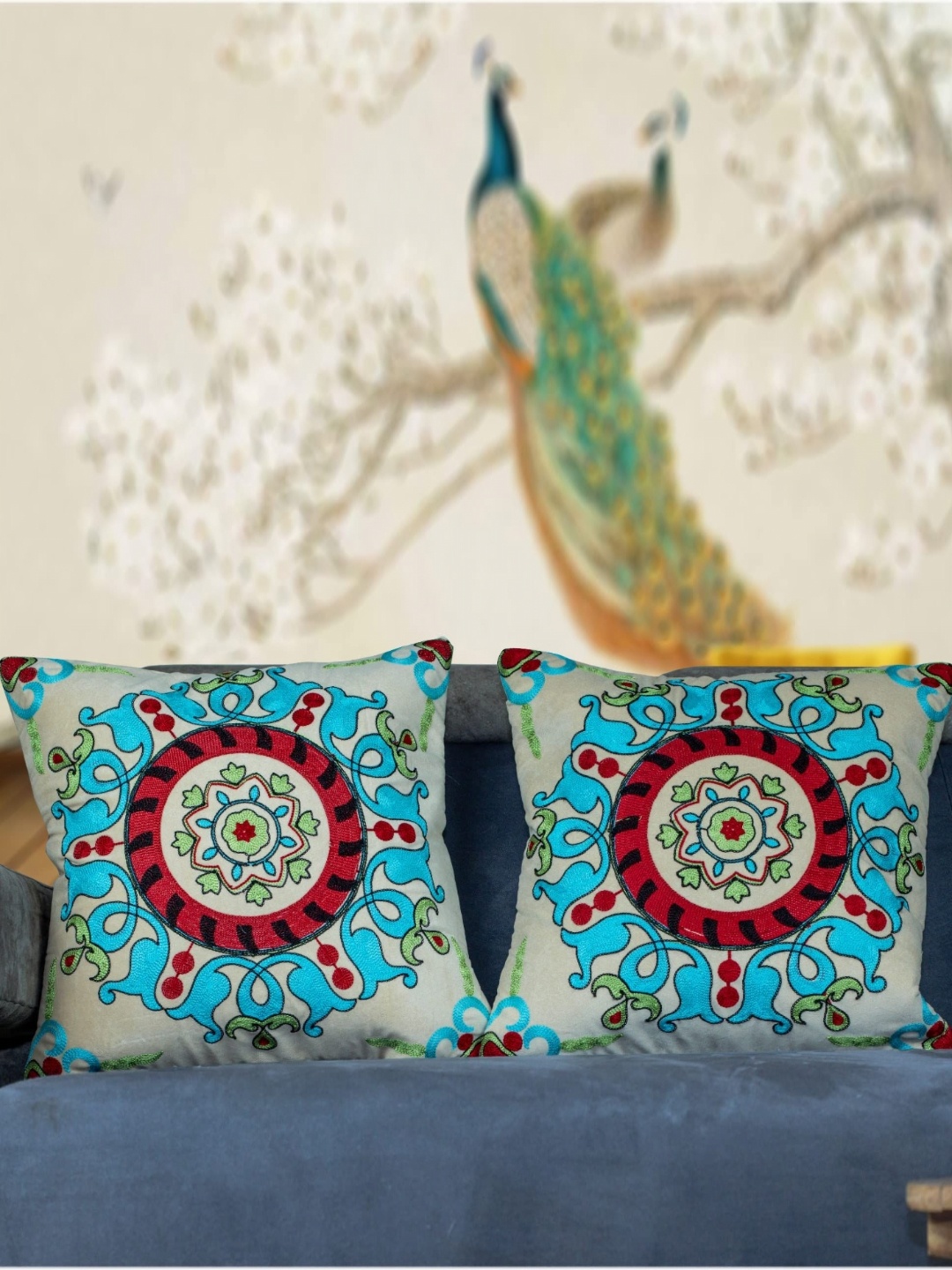 

Vendola White & Green 2 Pcs Ethnic Motifs Velvet Square Cushion Covers