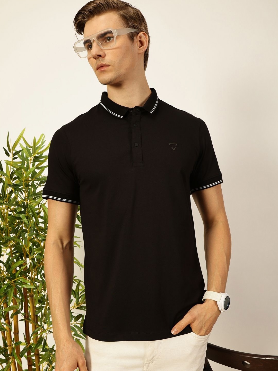 

Thomas Scott Men Solid Polo Collar Cotton T-shirt, Black