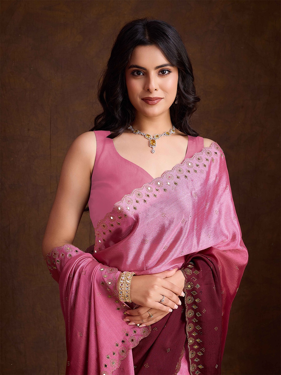 

Mitera Ombre Mirror Work Poly Chiffon Saree, Pink