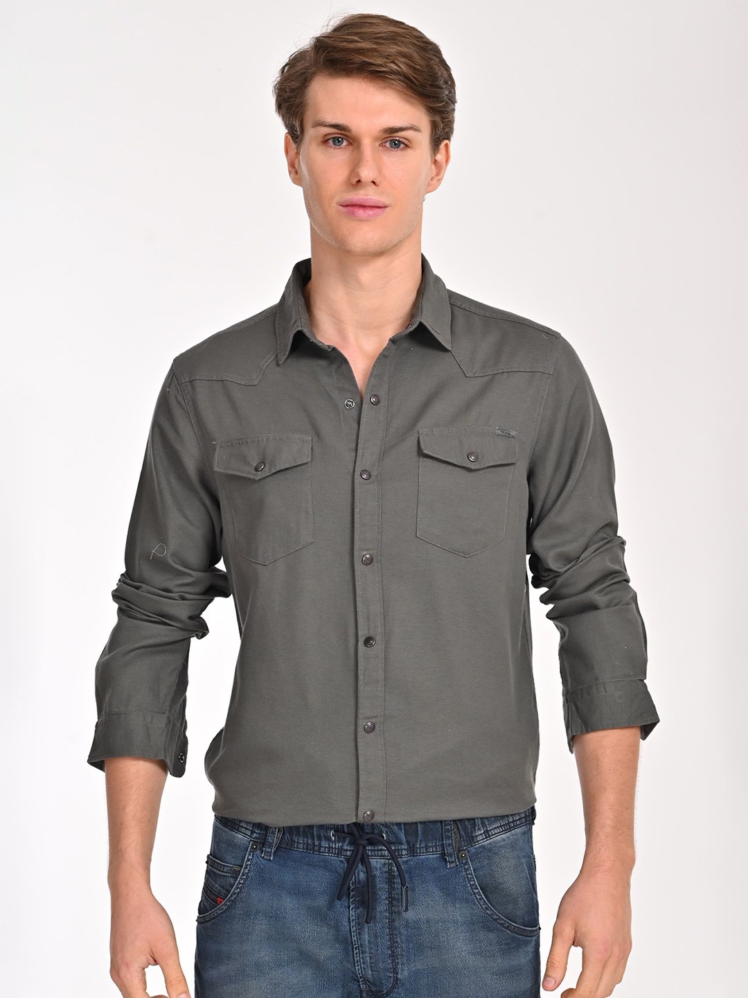 

POE Men Smart Slim Fit Opaque Casual Shirt, Grey