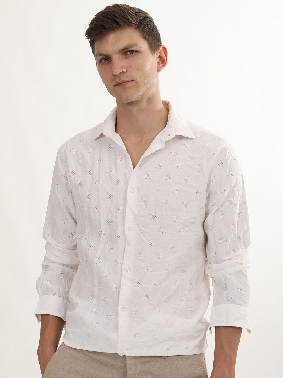 

POE Men Smart Slim Fit Opaque Casual Shirt, White
