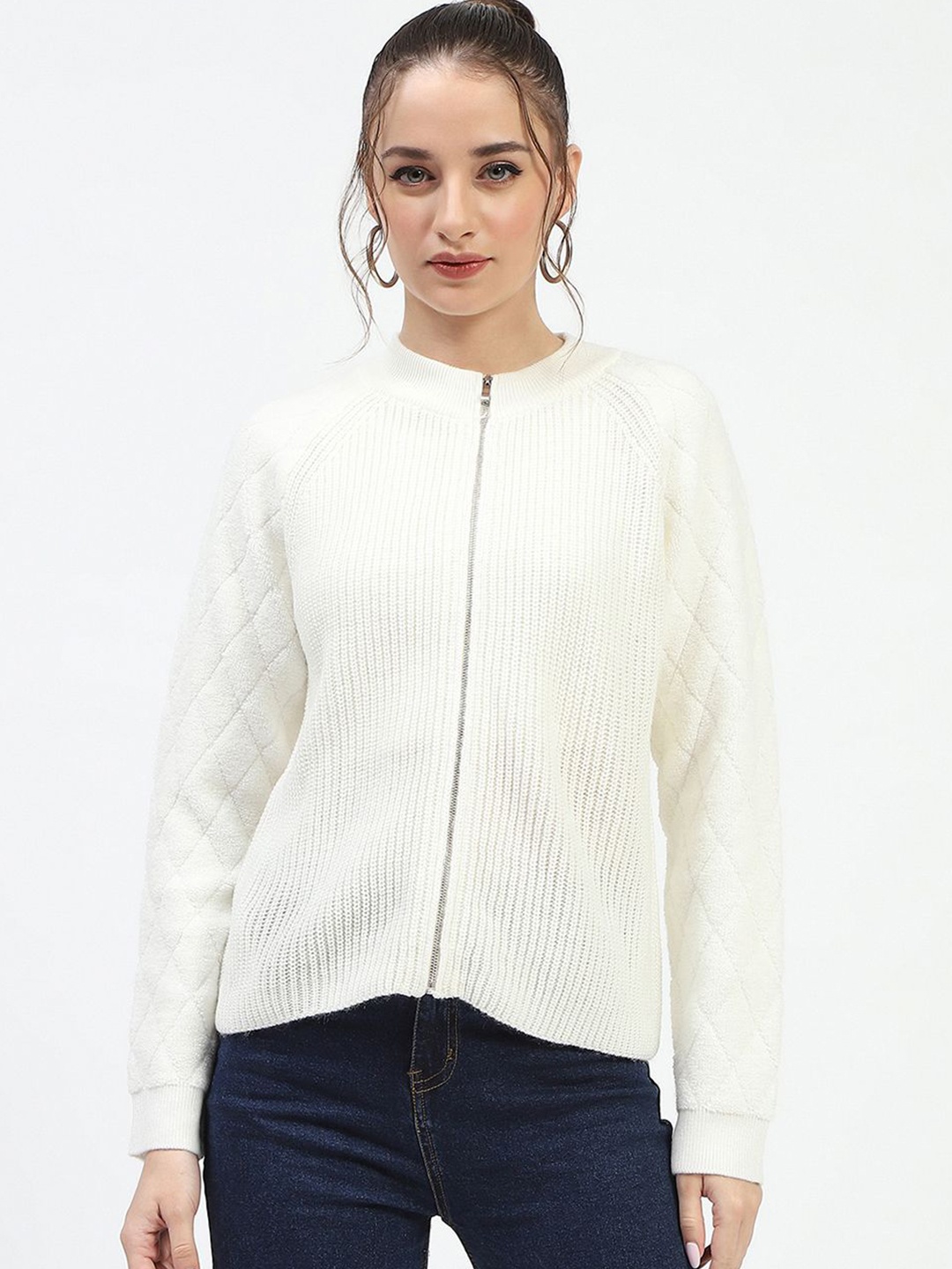 

Madame Women Striped Round Neck Cardigan, Off white