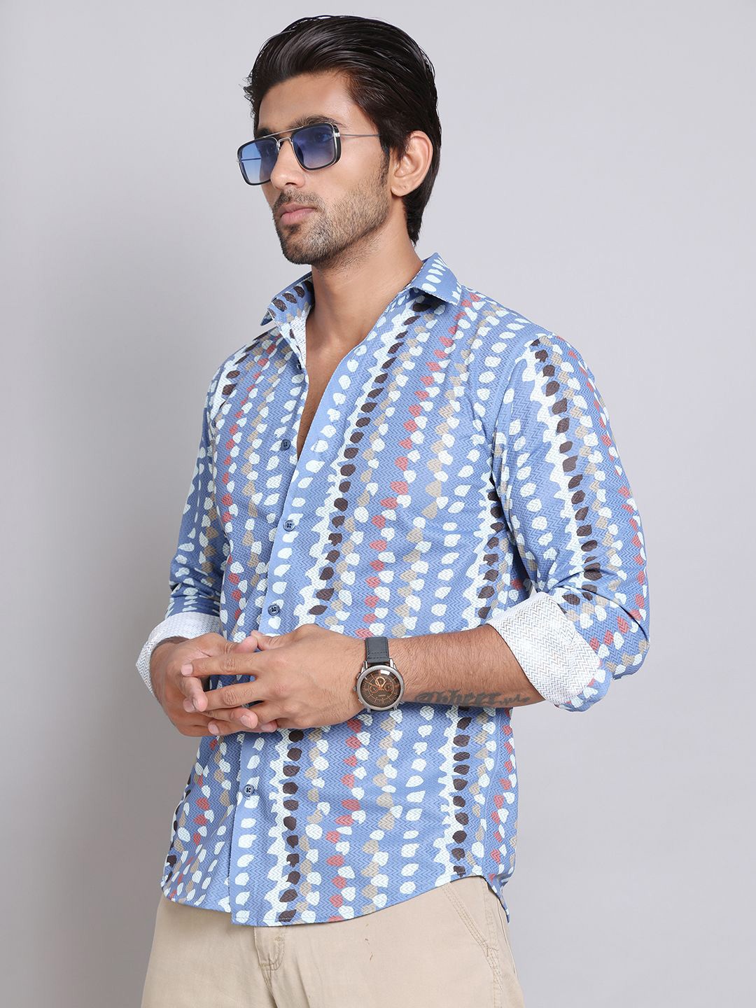 

Indian Needle Men Classic Spread Collar Abstract Printed Cotton Casual Shirt, Blue