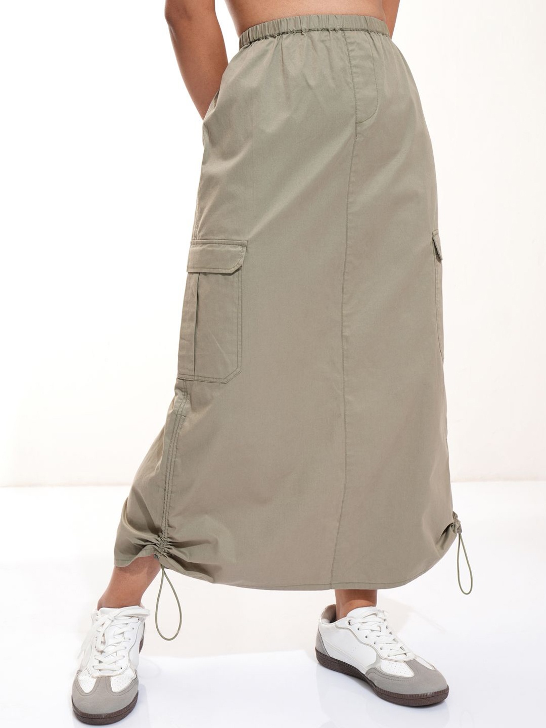 

Tokyo Talkies Pure Cotton Straight Parachute Midi Skirt, Khaki