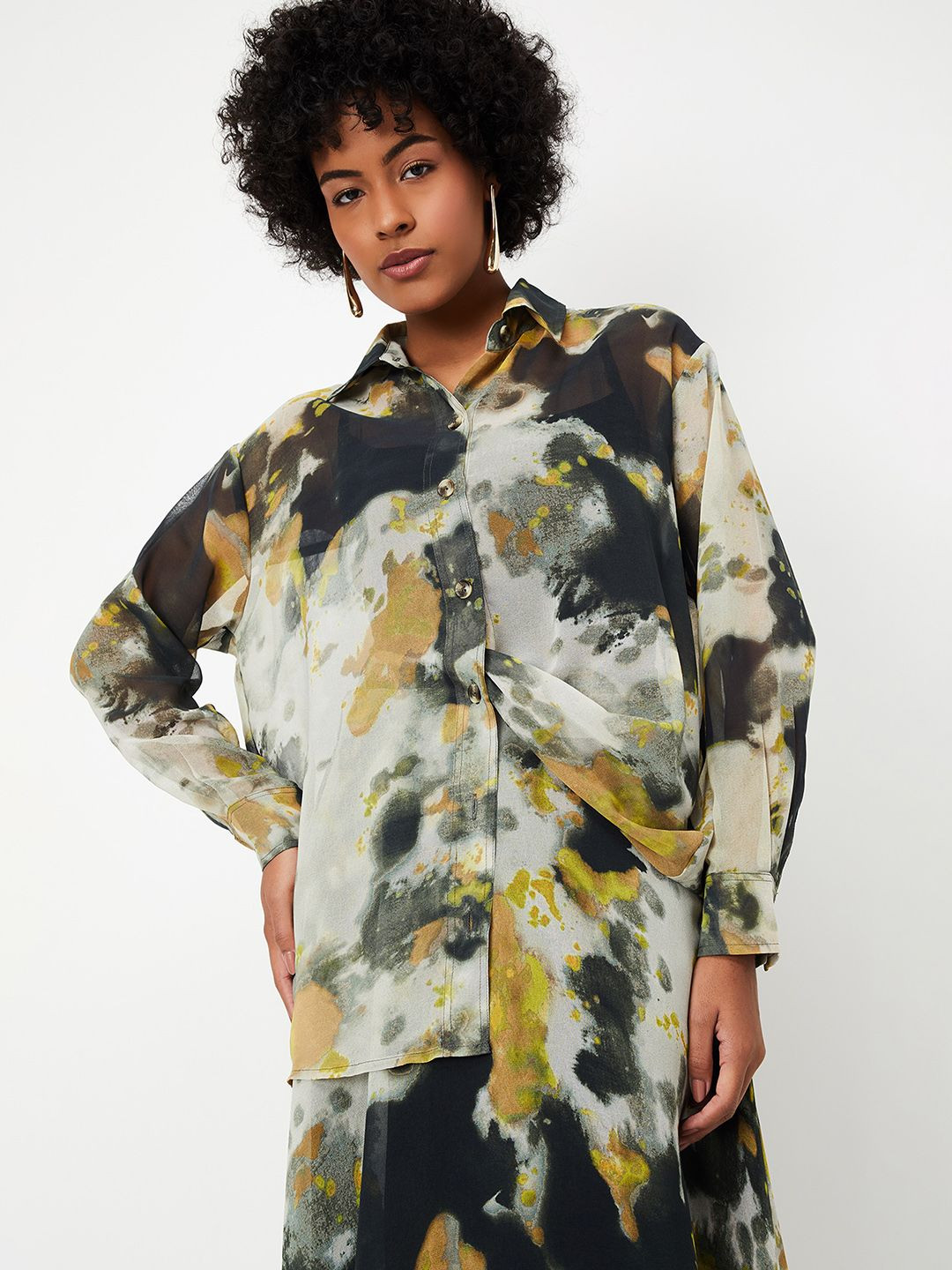 

max Women Spread Collar Abstract Printed Casual Shirt, Green