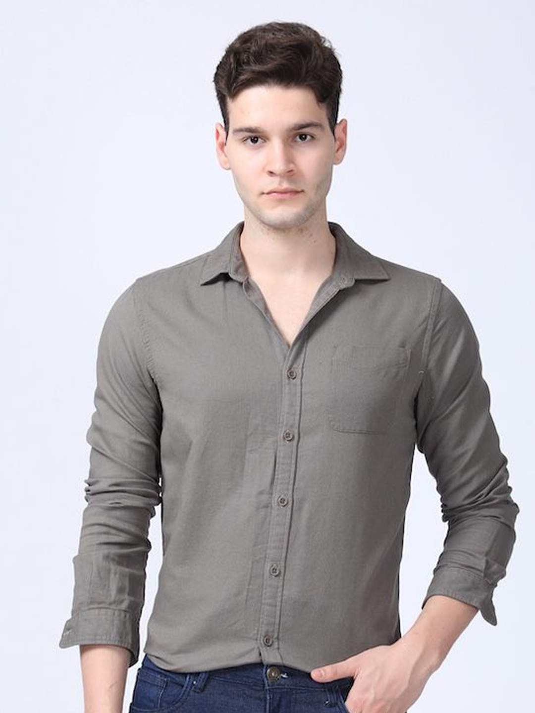 

POE Men Smart Slim Fit Opaque Casual Shirt, Grey