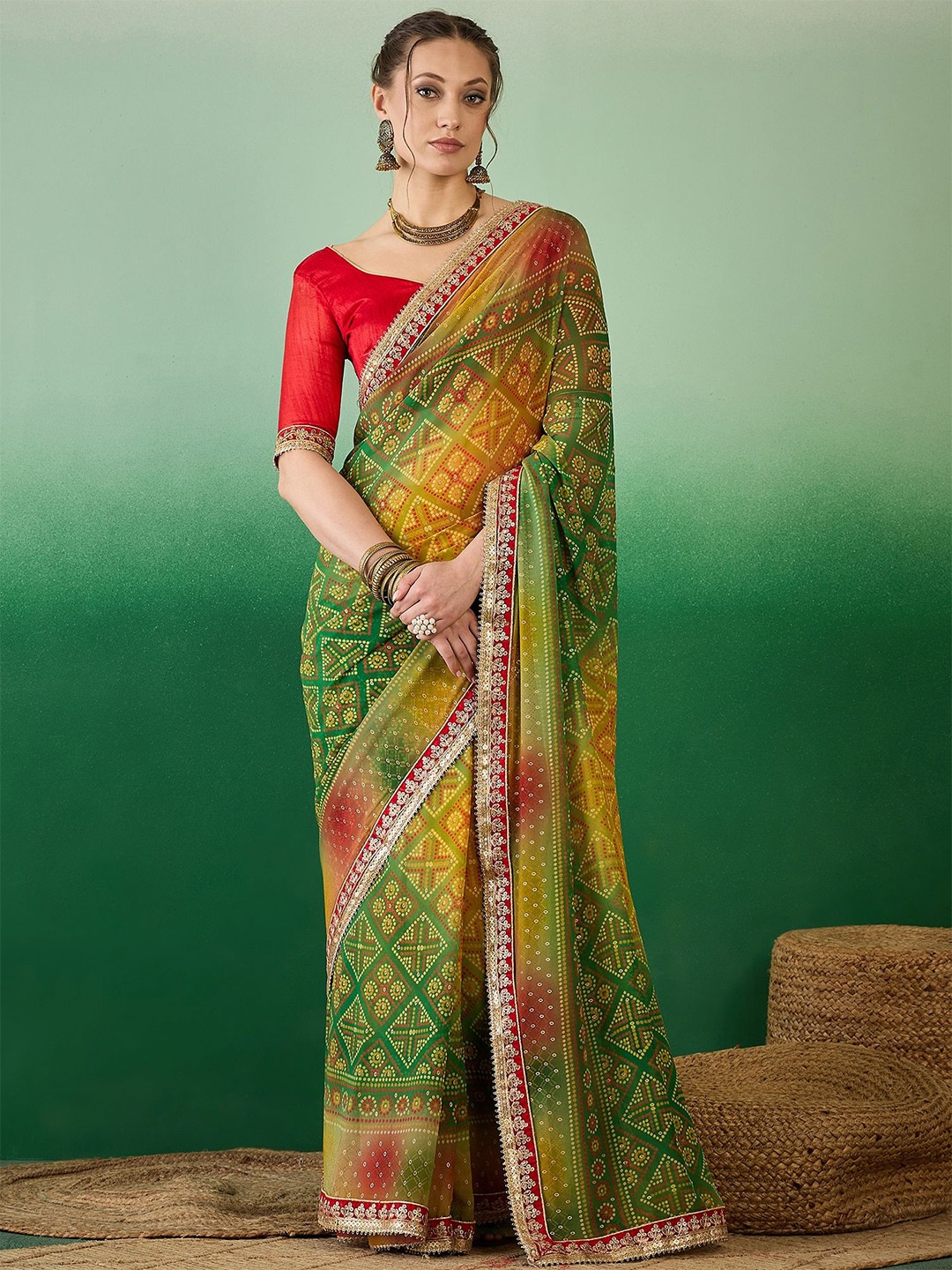

Mitera Bandhani Embroidered Pure Georgette Saree, Green