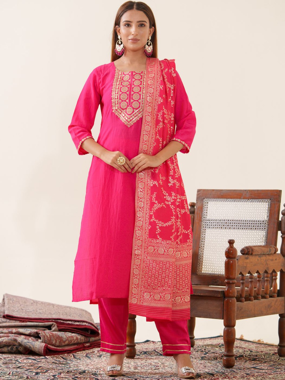 

House of Pataudi Floral Embroidered Straight Kurta With Trousers & Dupatta, Pink