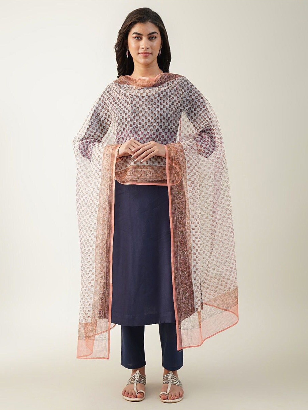 

JAYPORE Printed Cotton Silk Dupatta, White