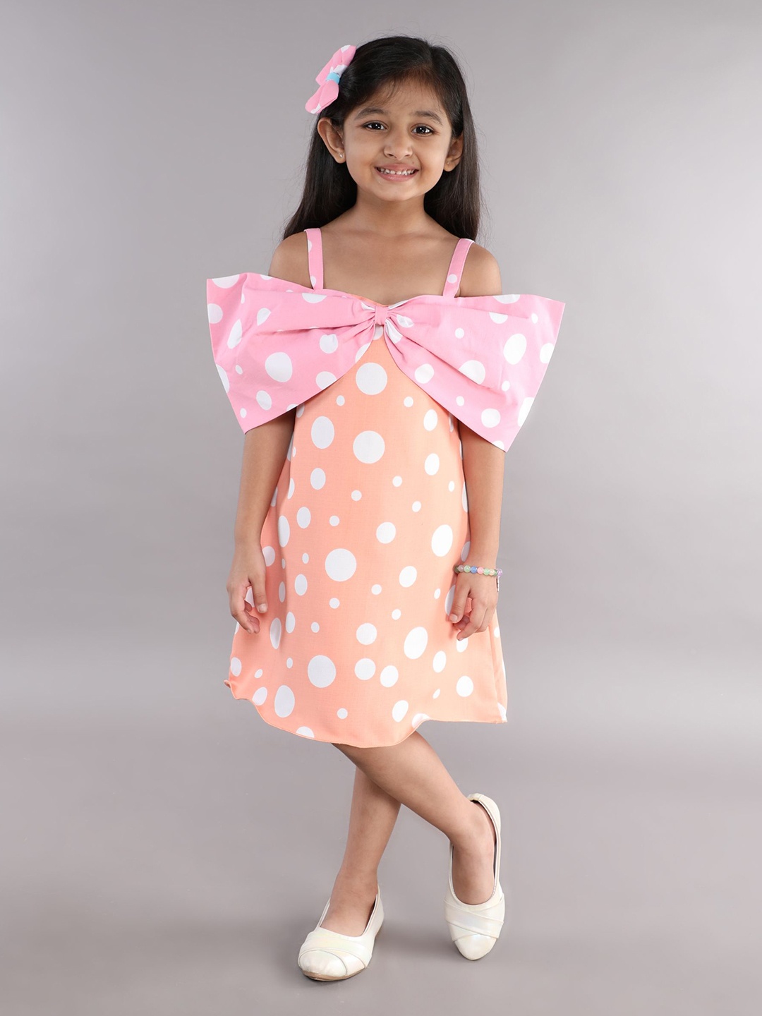 

Pink Chick Polka Dot Colourblocked Off-Shoulder A-Line Dress, Peach