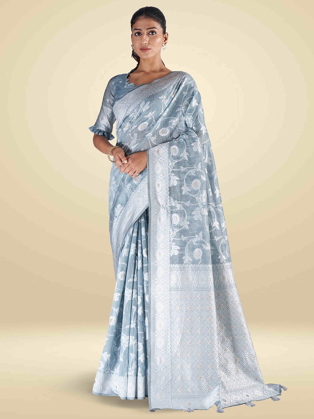 

SARHA Floral Zari Pure Cotton Saree, Blue
