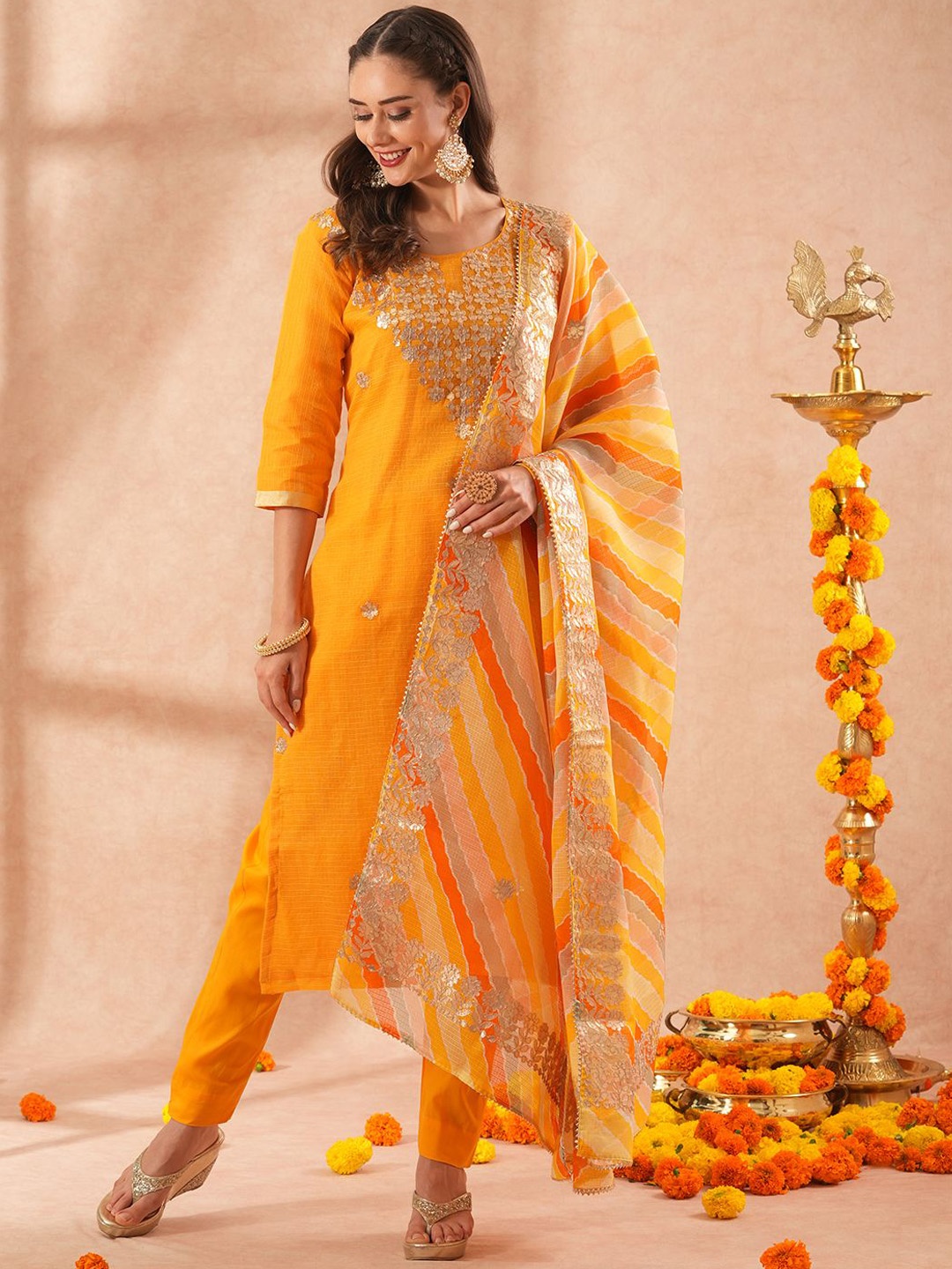 

FASHOR Floral Embroidered Gotta Patti Straight Kurta With Trousers & Dupatta, Yellow