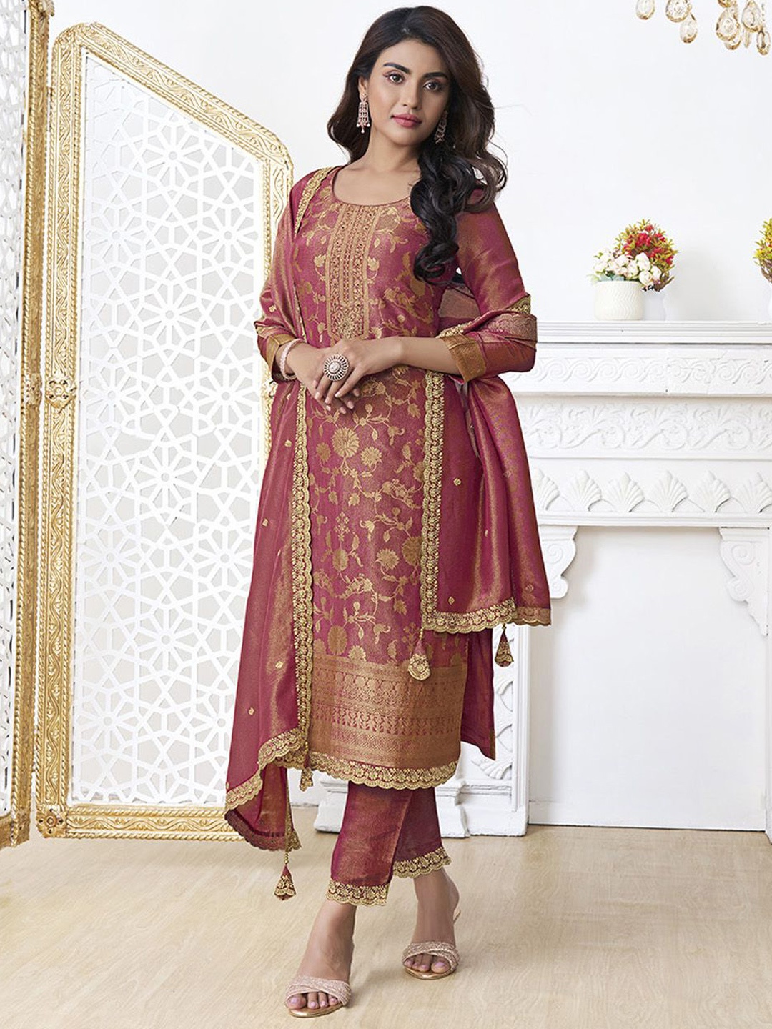 

Seerat Ethnic Motifs Woven Design Sequinned Jacquard Straight Kurta With Trouser & Dupatta, Rust