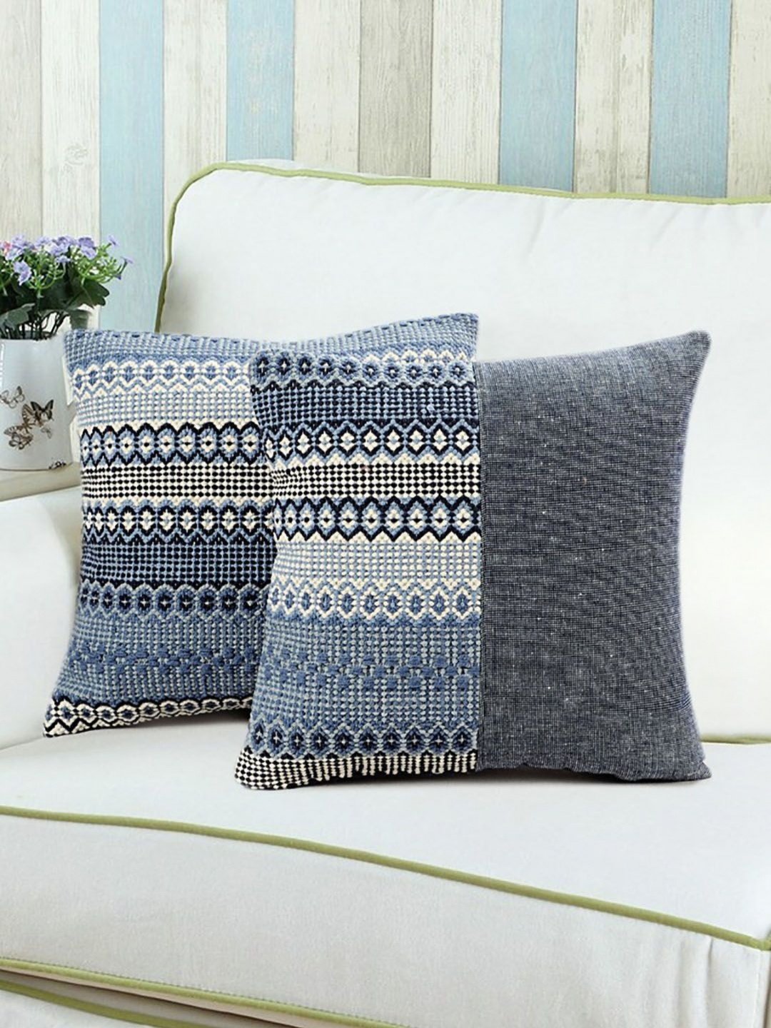 

Saral Home Blue & Black 2 Pieces Ethnic Motifs Cotton Square Cushion Covers