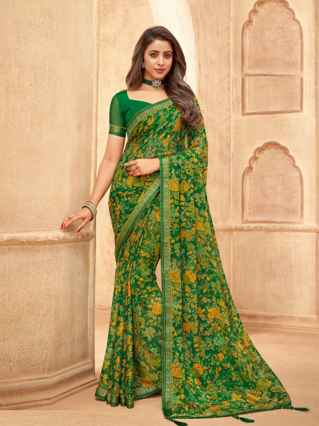 

Reboot Fashions Floral Zari Pure Chiffon Saree, Green