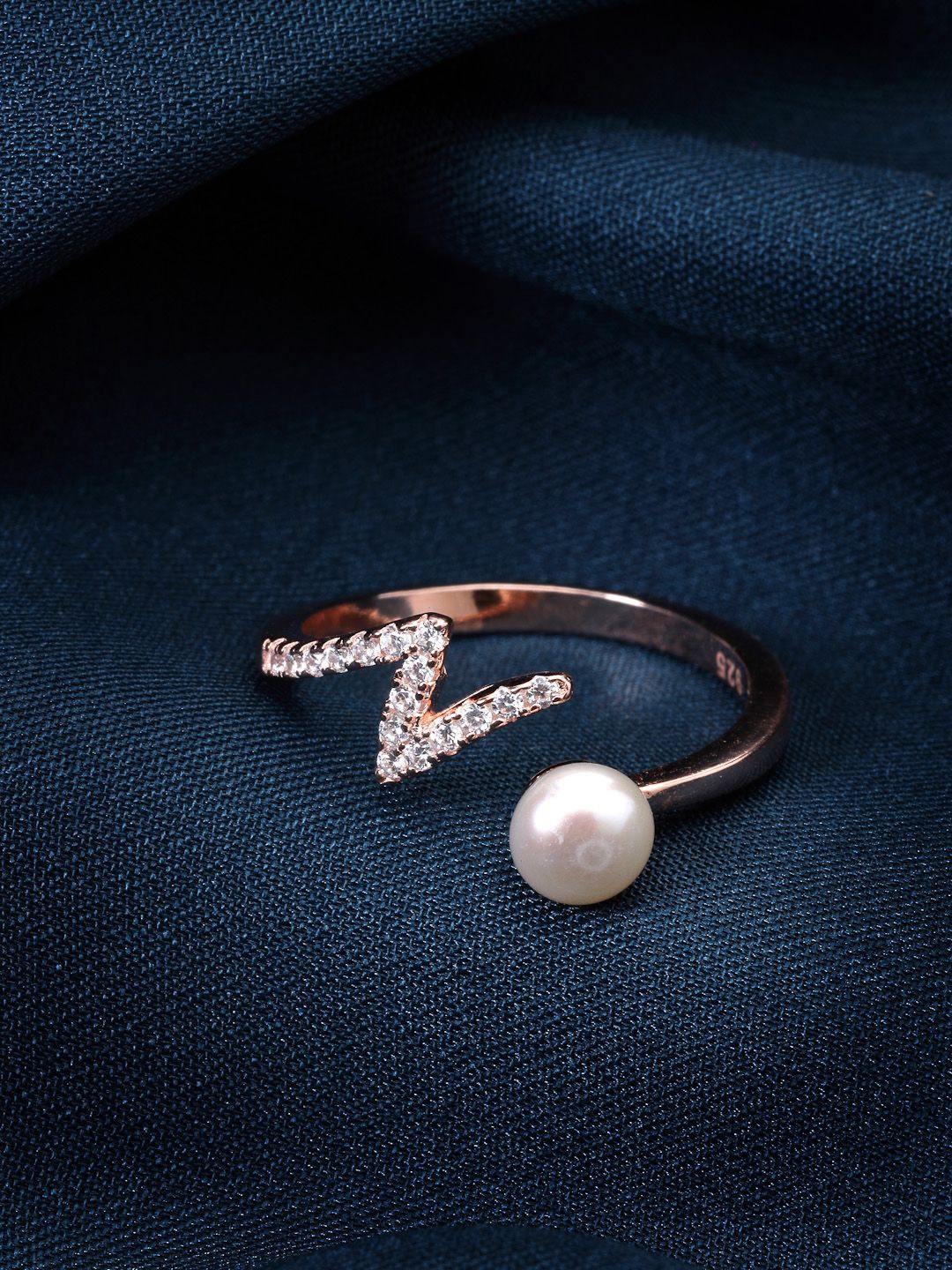 

PANASH 925 Sterling Silver Rose Gold-Plated CZ Studded & Beaded Adjustable Finger Ring