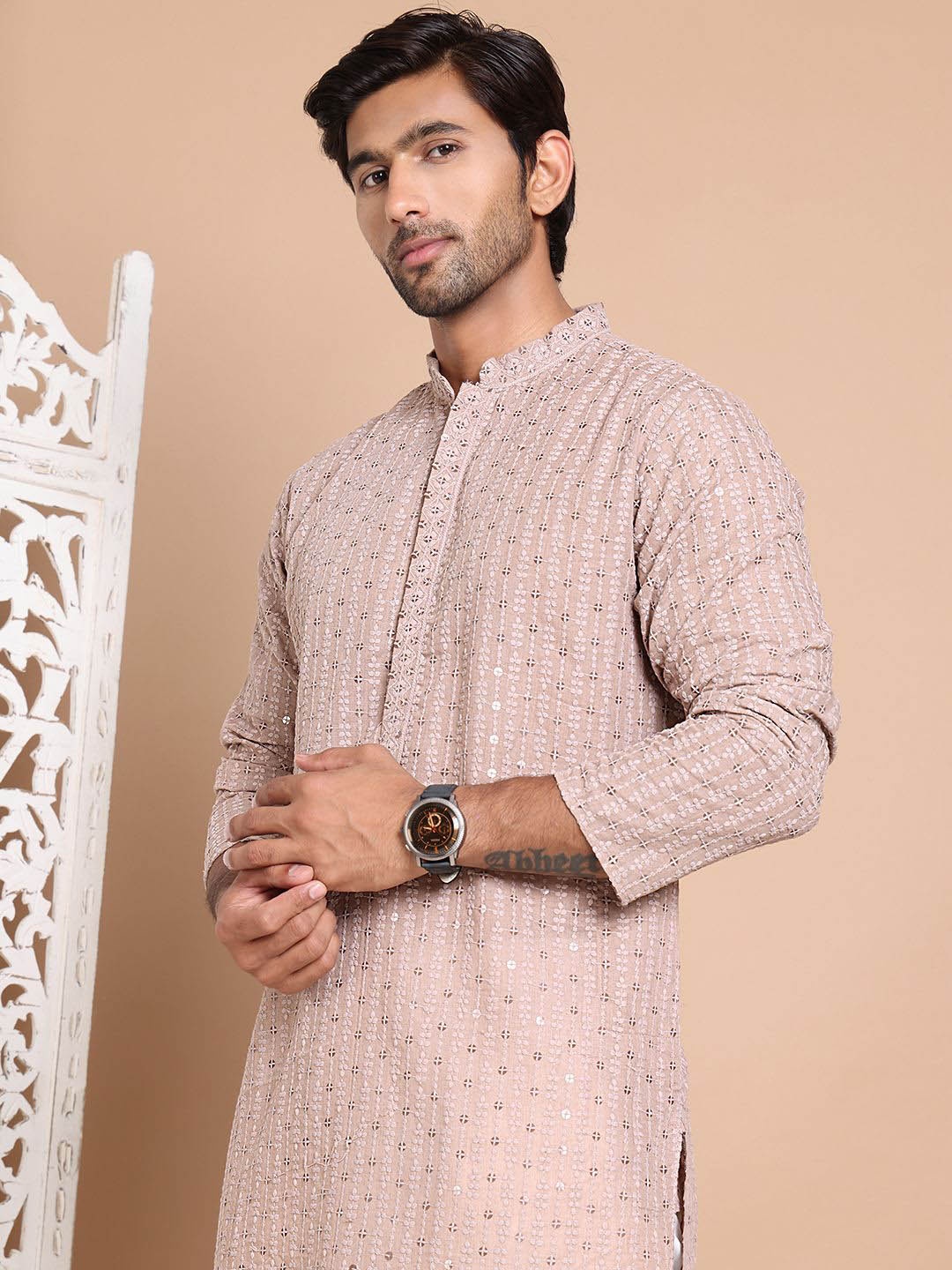 

Anouk Men Floral Embroidered Regular Sequinned Pure Cotton Kurta with Pyjamas, Brown