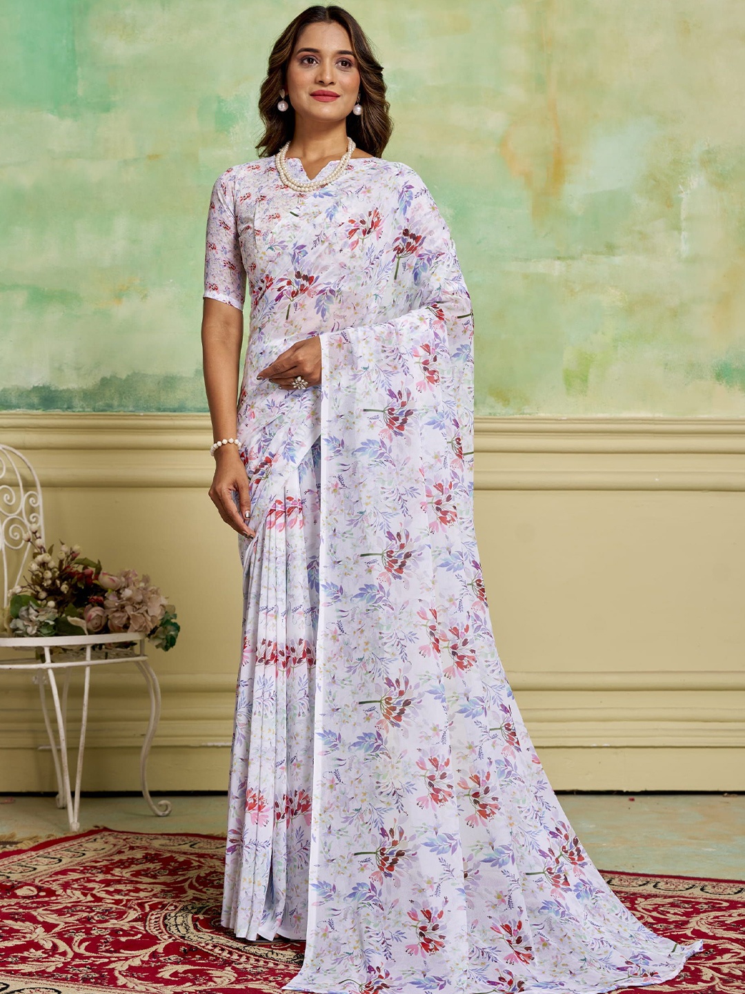 

KAYOMMI Floral Printed Pure Georgette Saree, White