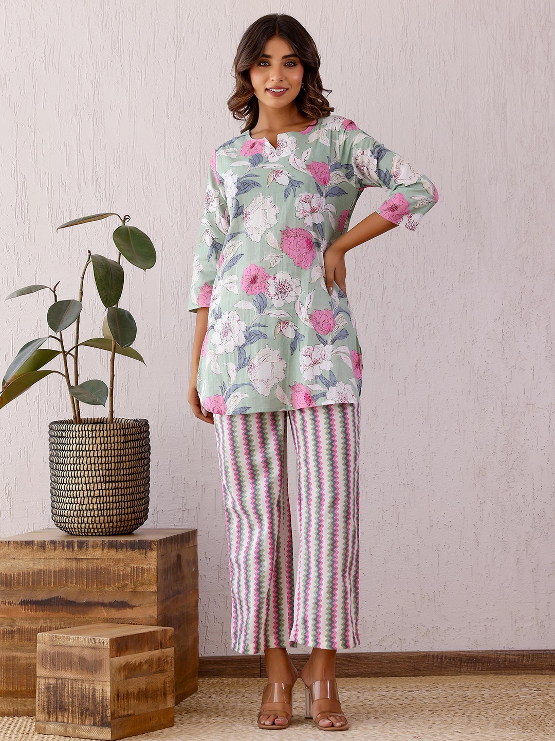 

FLAVIA CREATION Printed Pure Cotton Top & Trouser, Green