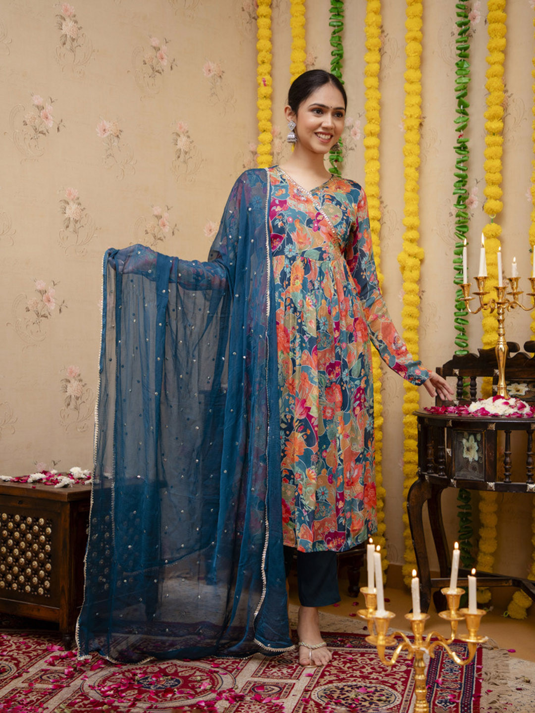 

VASVI Floral Embroidered Regular Beads & Stones A-Line Kurta with Palazzos & Dupatta, Blue
