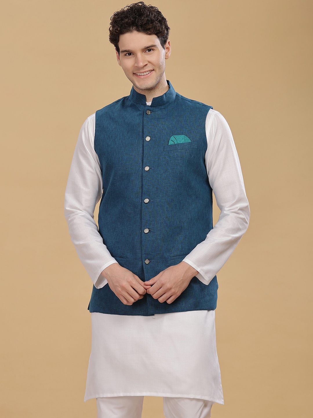 

Anouk Men Cotton Linen Woven Nehru Jackets, Turquoise blue
