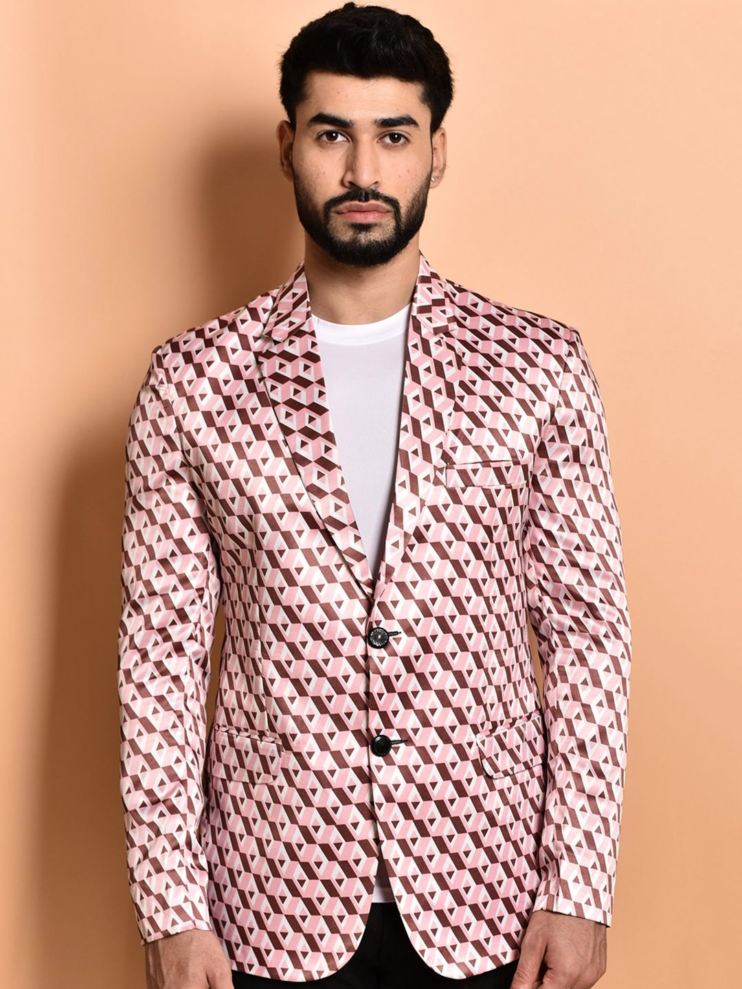 

PRINTCULTR Geometric Printed Notched Lapel Single-Breasted Blazer, Pink