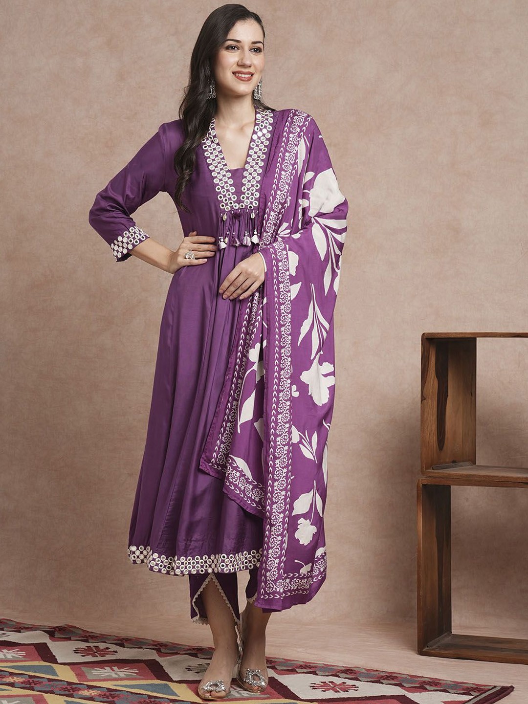 

FASHOR Geometric Embroidered Panelled Mirror Work A-Line Kurta With Trousers & Dupatta, Purple