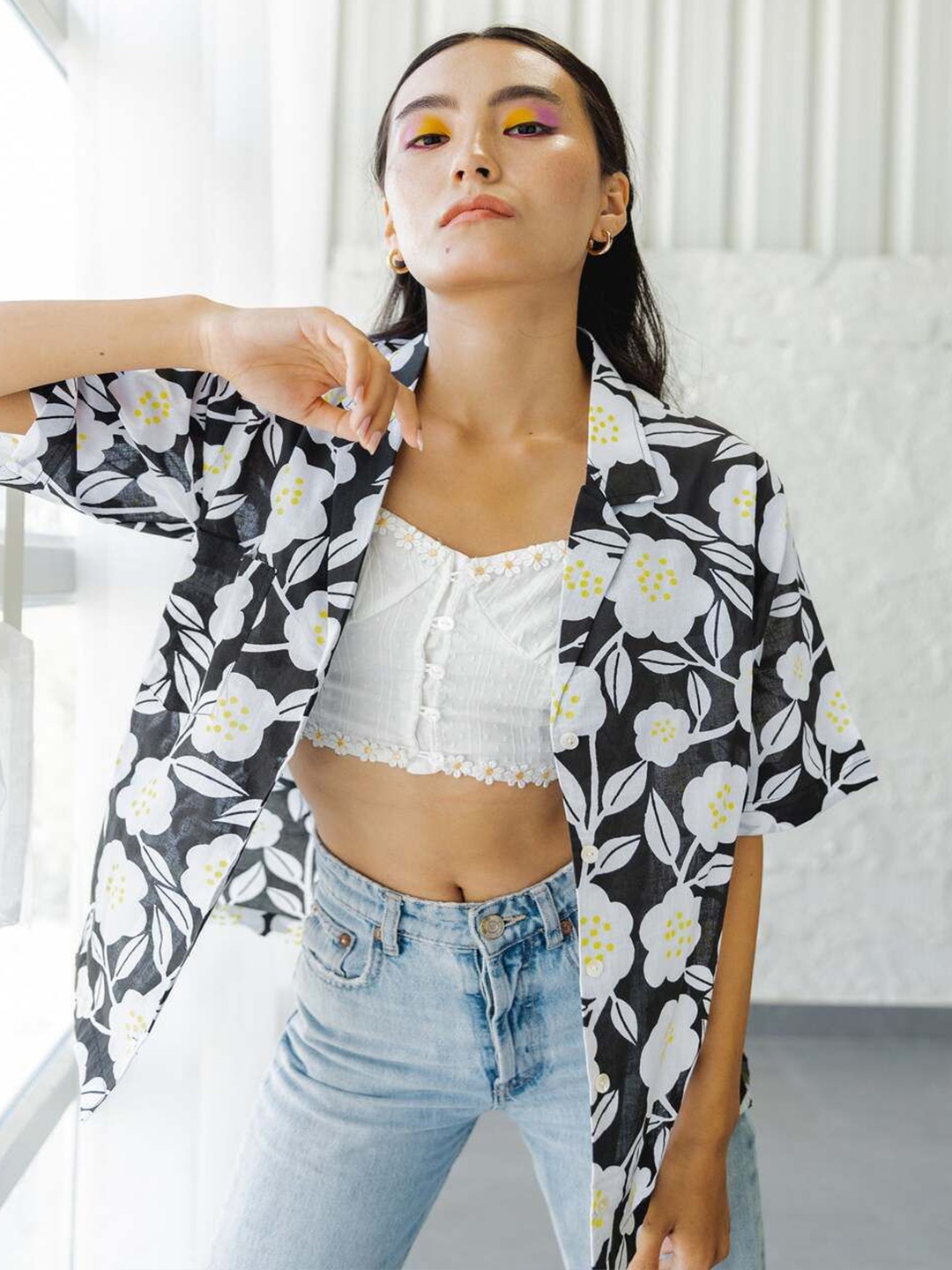 

Fancy Pastels Women Comfort Cuban Collar Floral Printed Cotton Casual Shirt, Black