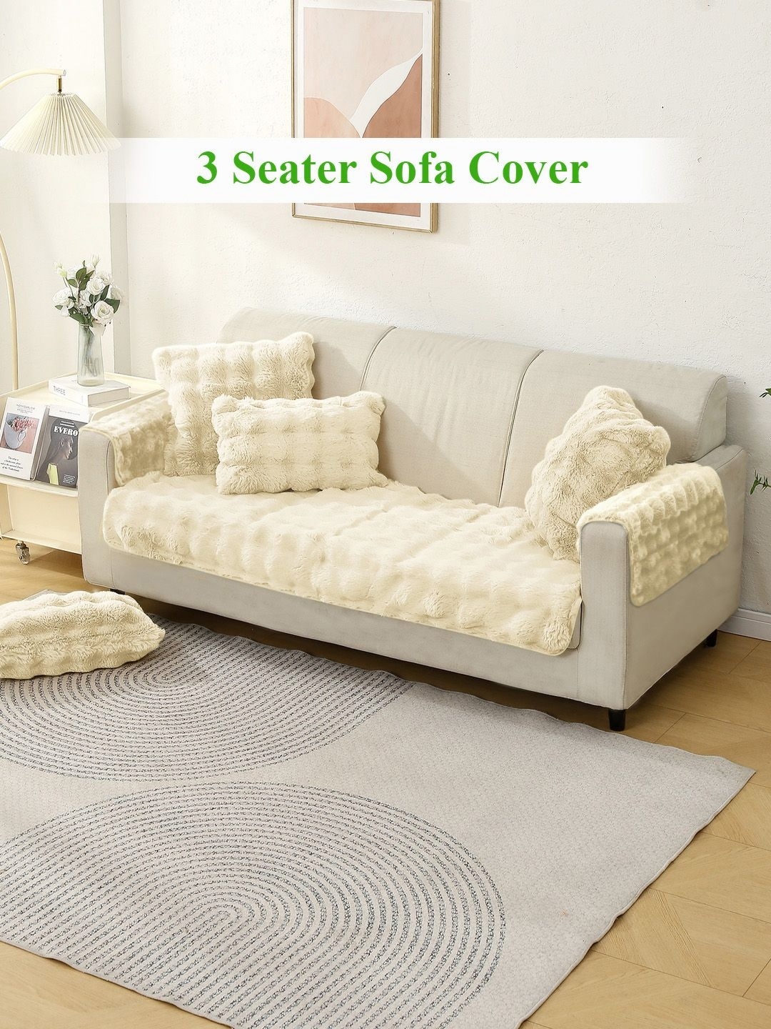 

HOKIPO Beige Self Design Anti Slip 3 Seater Sofa Cover With Arms