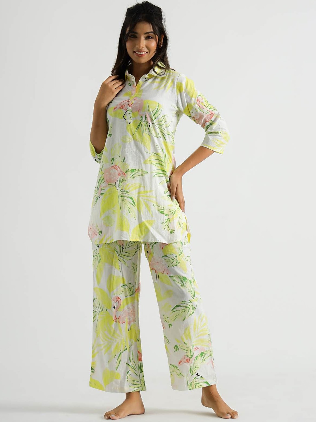 

FLAVIA CREATION Floral Printed Pure Cotton Tunic With Trouser, White