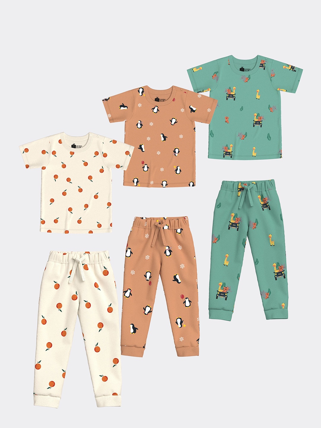 

Orange Sugar Kids Pack Of 3 Printed Round Neck Pure Cotton T-shirt With Pyjamas, Cream