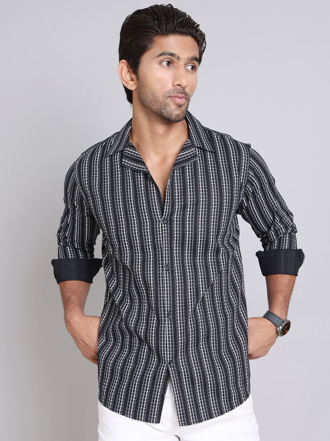 

Indian Needle Men Classic Cuban Collar Vertical Striped Cotton Casual Shirt, Black