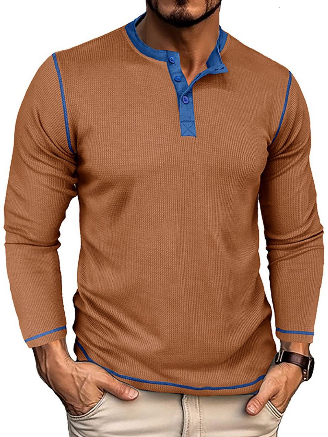 

StyleCast x Revolte Men Solid Henley Neck T-shirt, Khaki