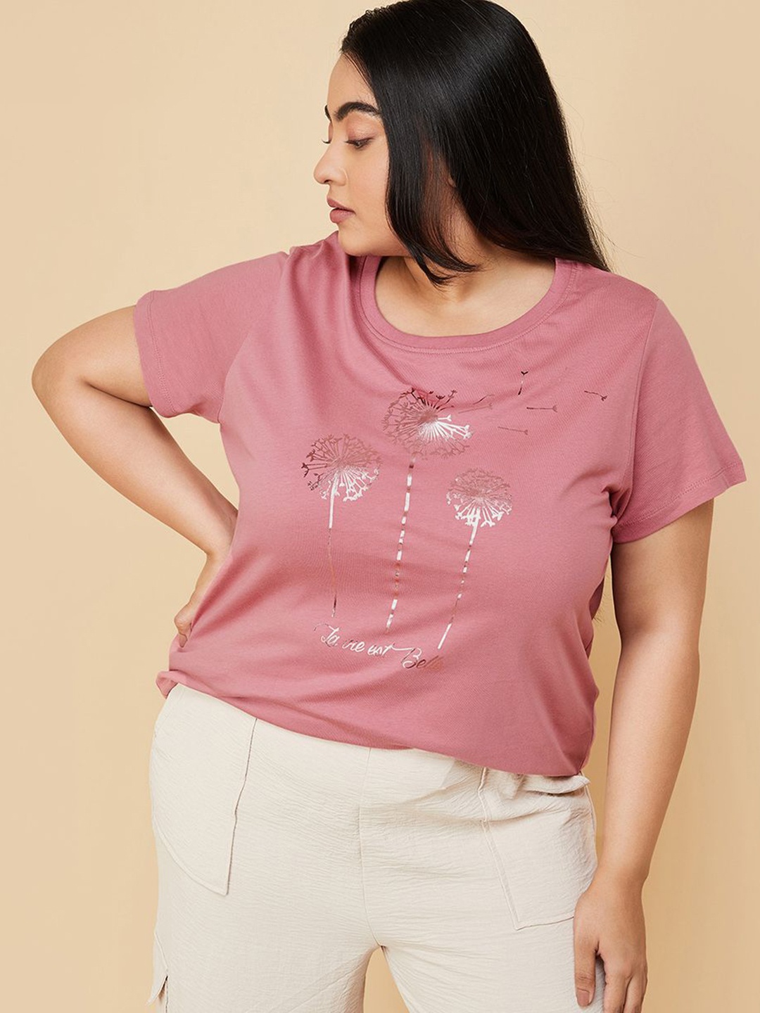 

max Women Floral Printed Round Neck Cotton Plus Size T-shirt, Pink