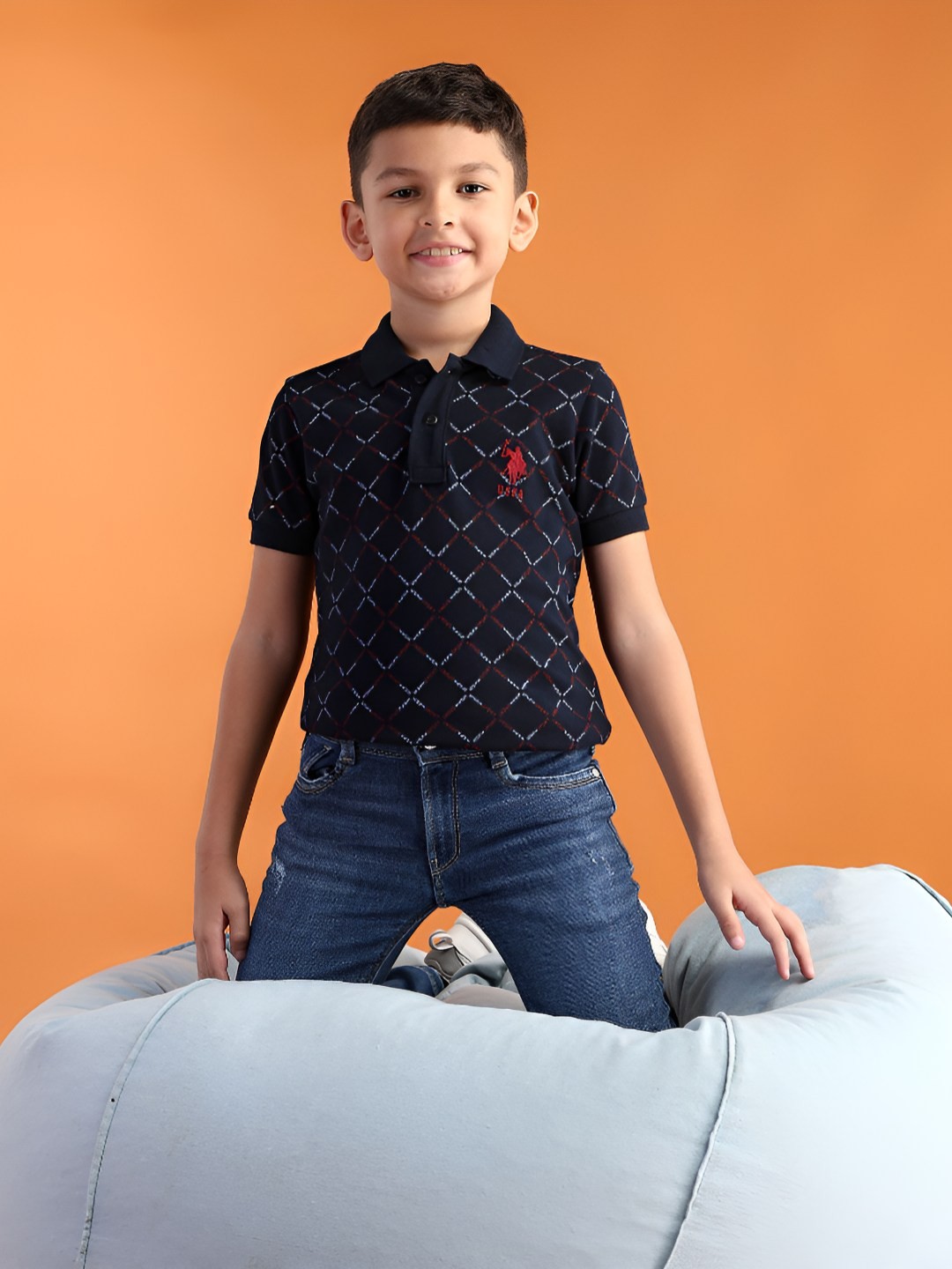 

U.S. Polo Assn. Kids Boys Brand Logo Printed Polo Collar Cotton T-shirt, Navy blue