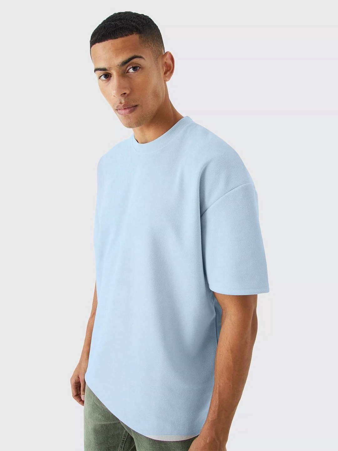 

PRONK Men Solid Round Neck Cotton Oversized T-shirt, Blue