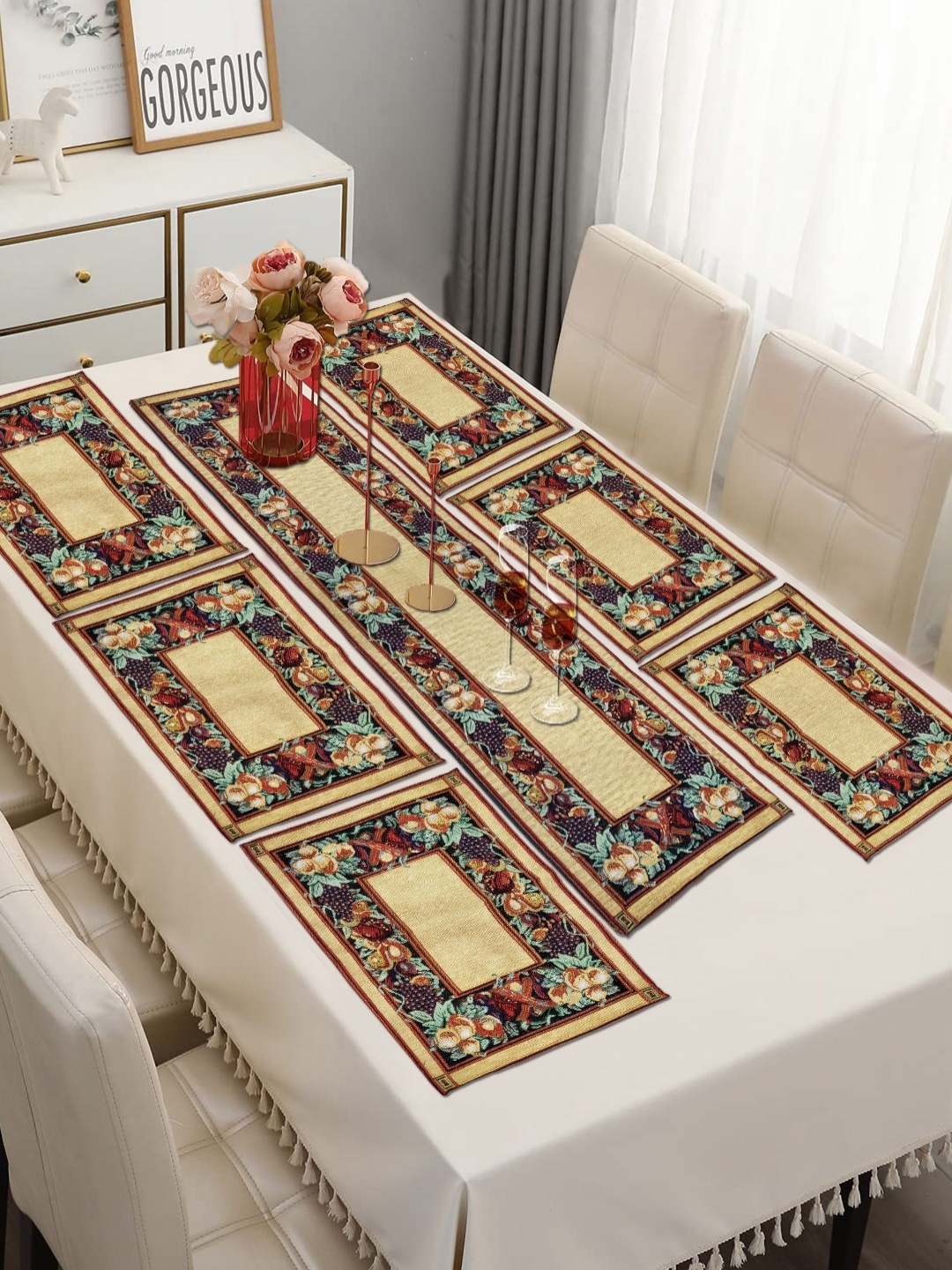 

ANA Green & Beige 7 Pieces Woven Table Placemats With Runner, Multi