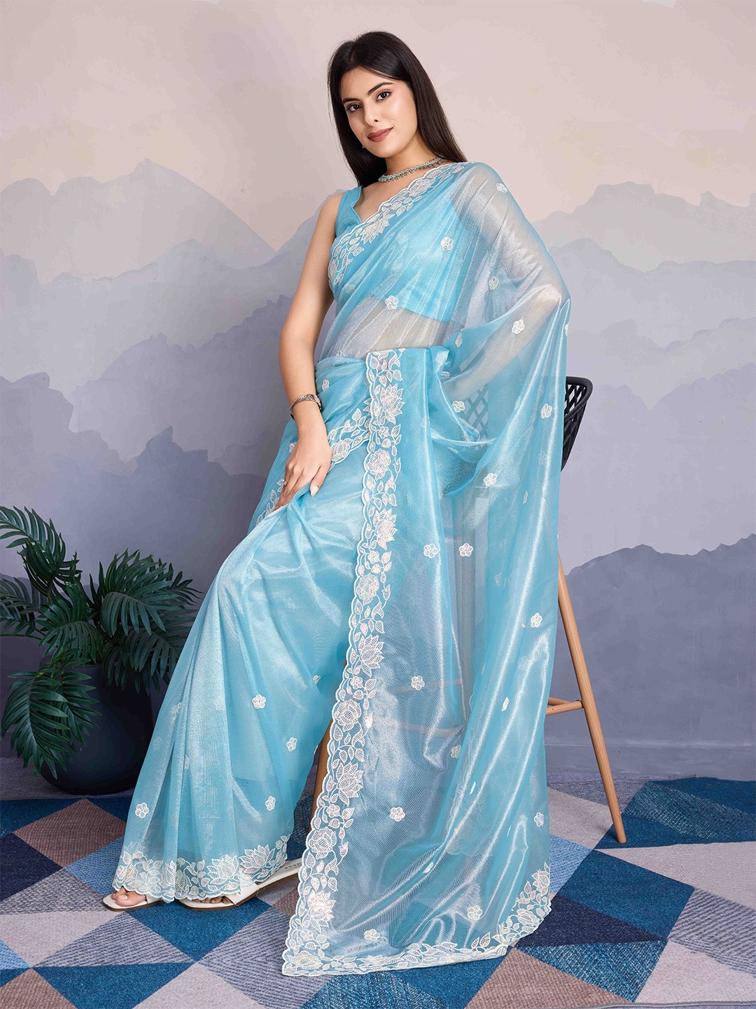 

Mitera Floral Sequinned Net Saree, Blue