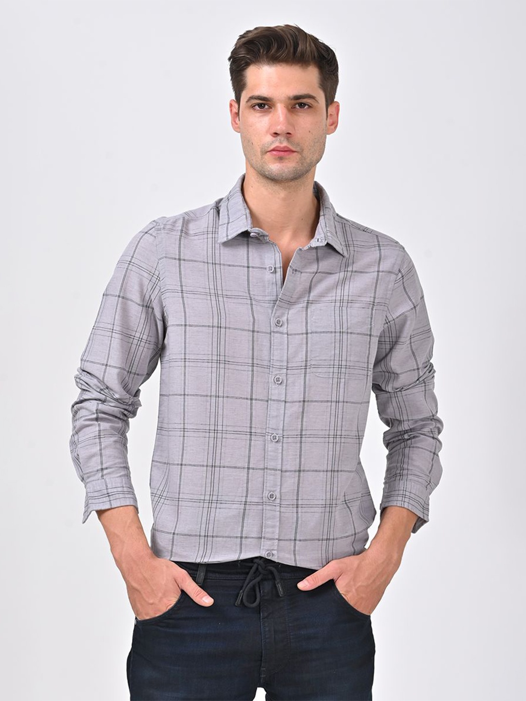 

POE Men Smart Slim Fit Opaque Checked Casual Shirt, Grey