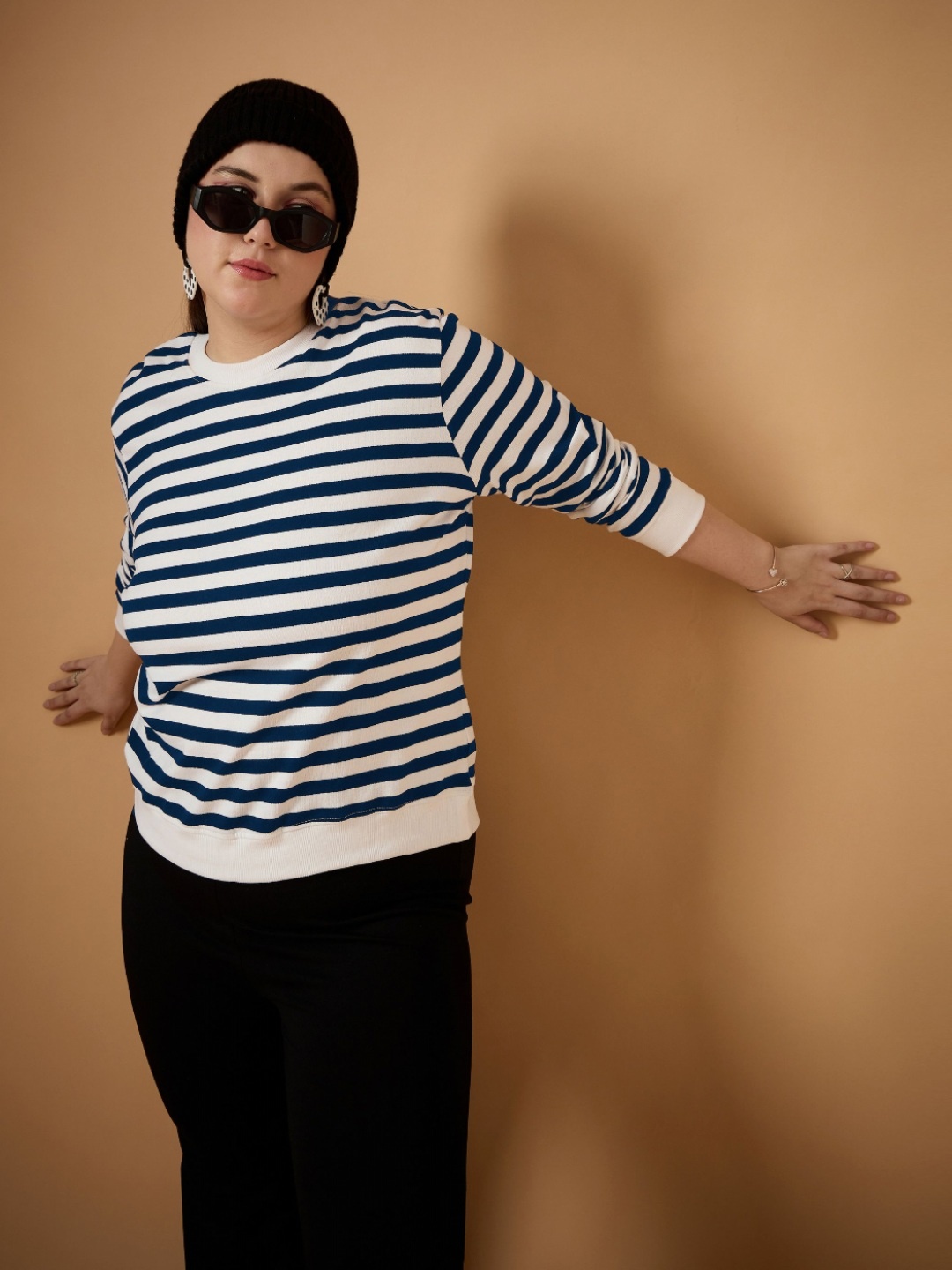 

SASSAFRAS Curve Women Striped Round Neck Cotton Plus Size T-shirt, Navy blue