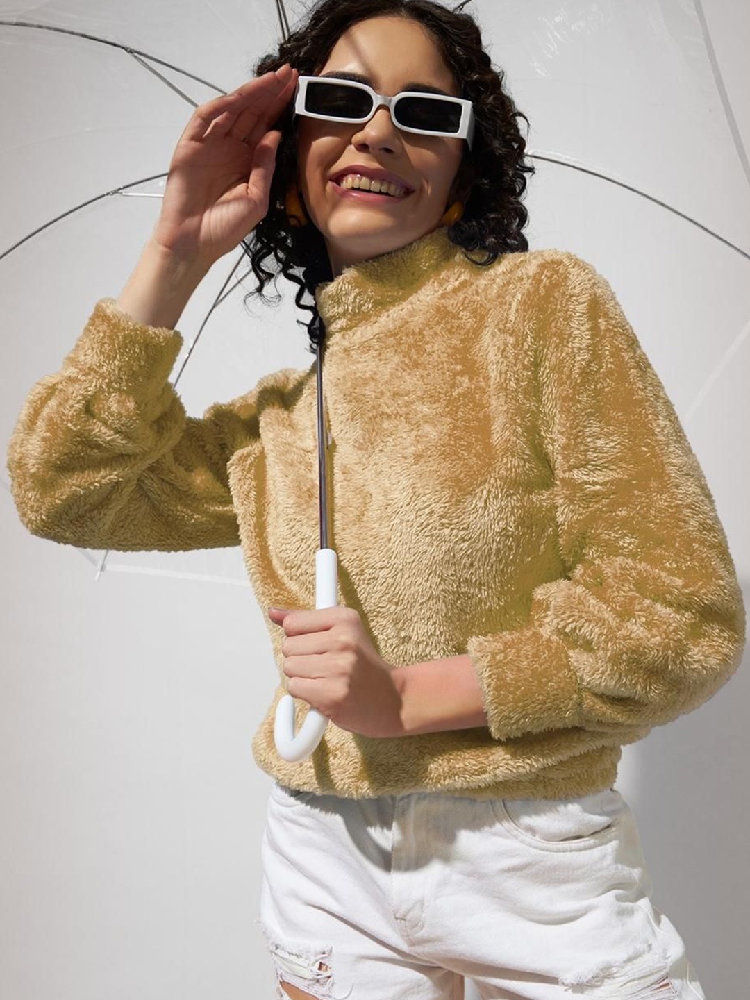 

The Dry State Women Fur Pullover With High Neck, Camel brown