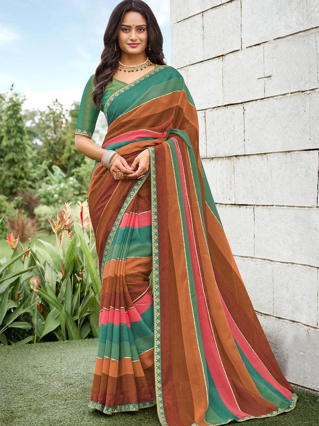 

Laxmipati Striped Sequinned Poly Chiffon Saree, Brown