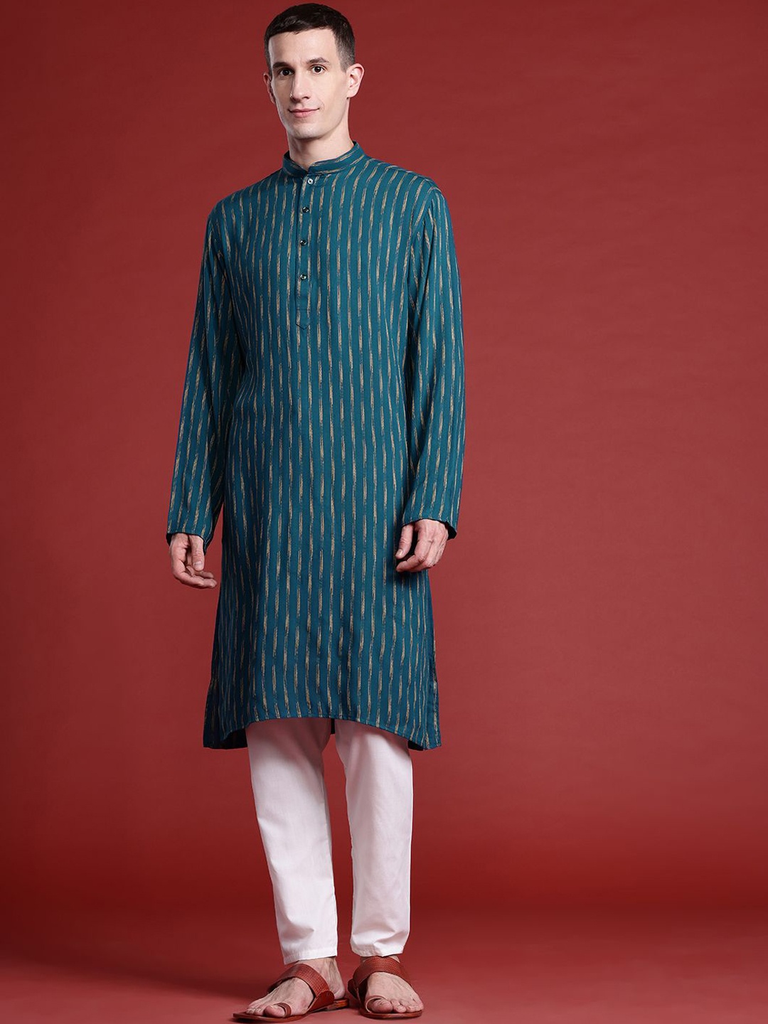 

MANQ Striped Mandarin Collar Pure Cotton Straight Kurta, Teal