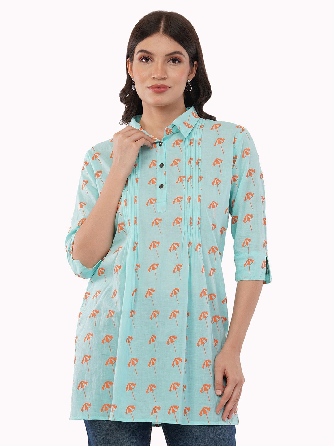 

Linen Options Women Cotton Shirt Collar Printed Casual Tunic, Blue