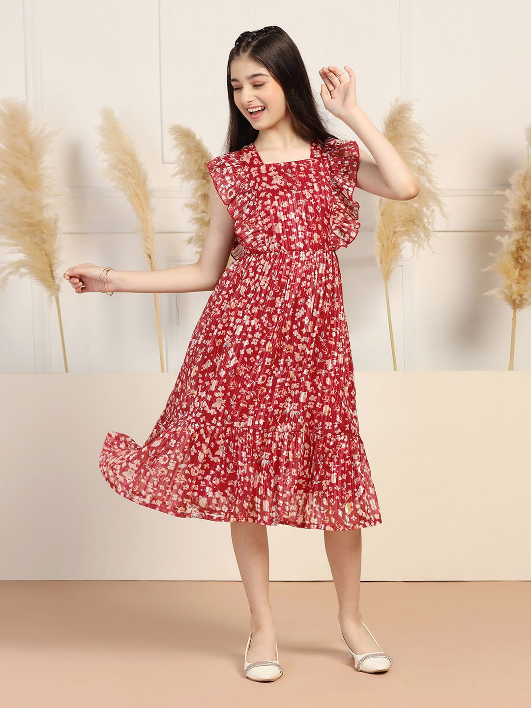 

FASHION DREAM Girls Floral Printed Georgette Fit & Flare Dress, Red