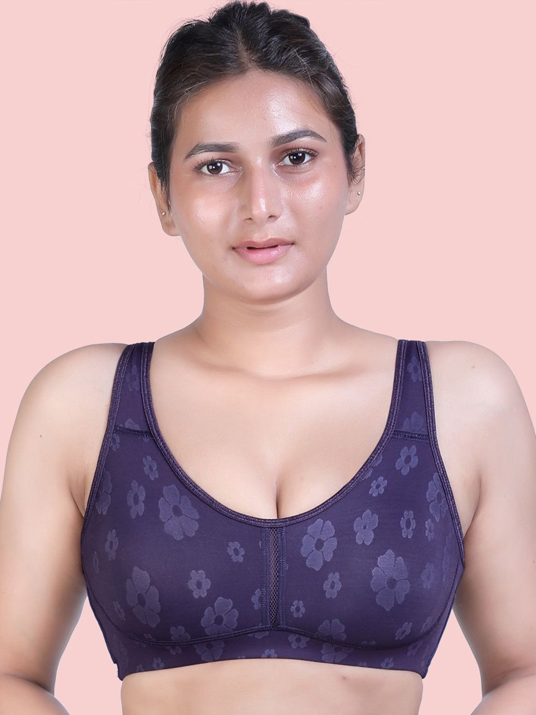 

Amour Secret Women Floral Non Padded Seamless Minimizer Bra, Navy blue