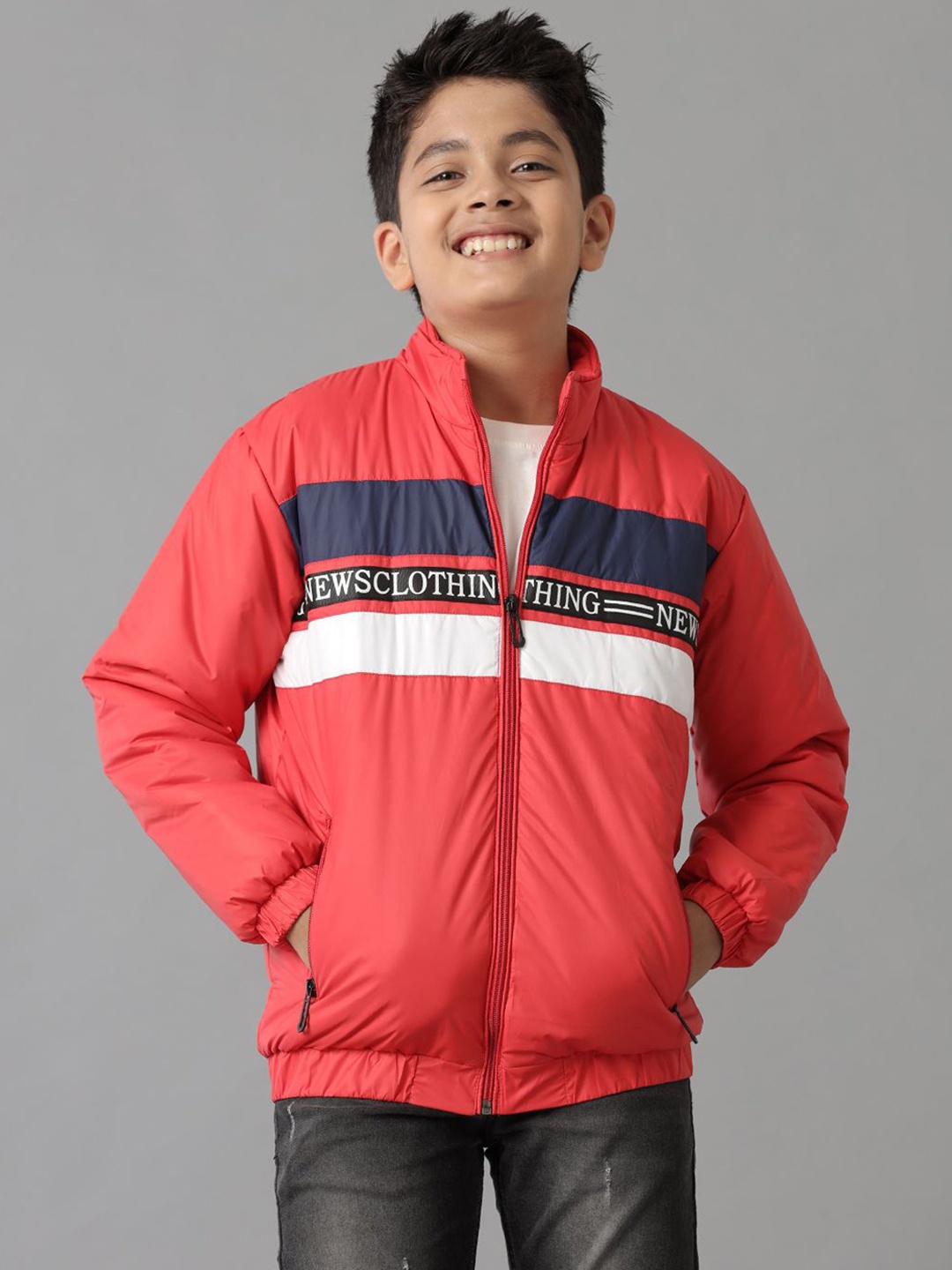 

UNDER FOURTEEN ONLY Boys Cotton Sporty Jacket with Embroidered, Red