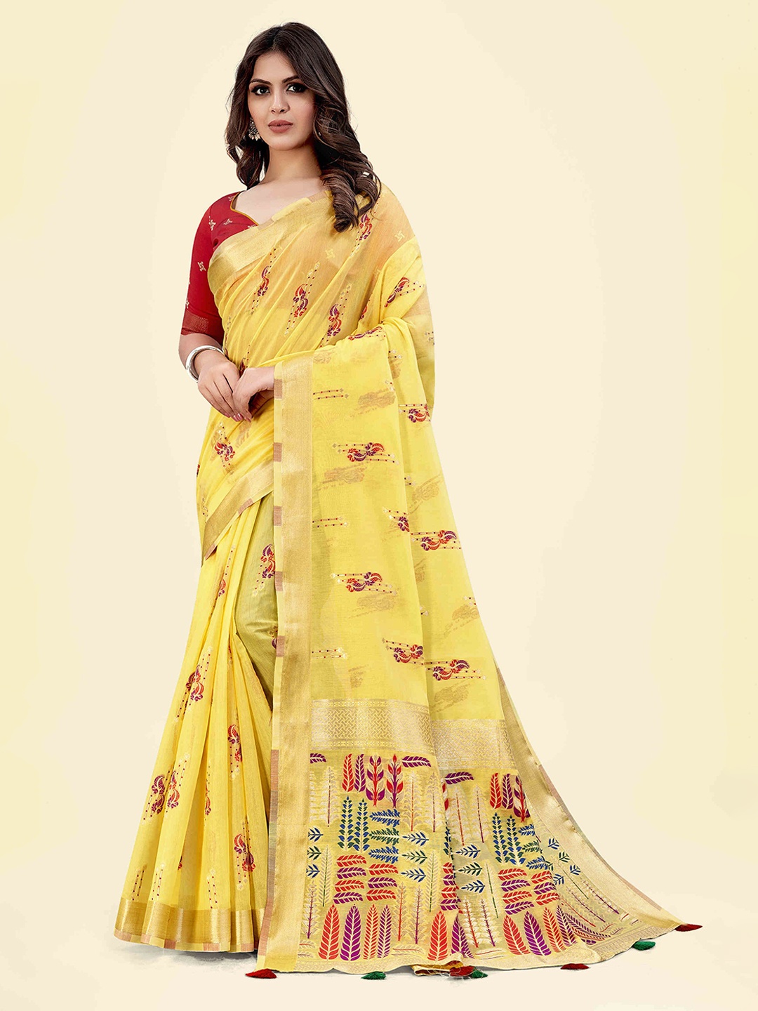 

SARHA Floral Woven Design Zari Pure Cotton Saree, Yellow