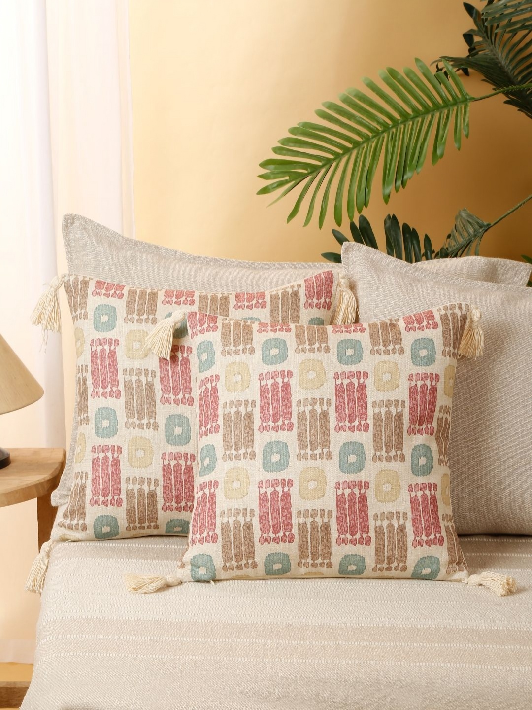 

eyda Beige & Red 2 Pieces Printed Cushion Covers
