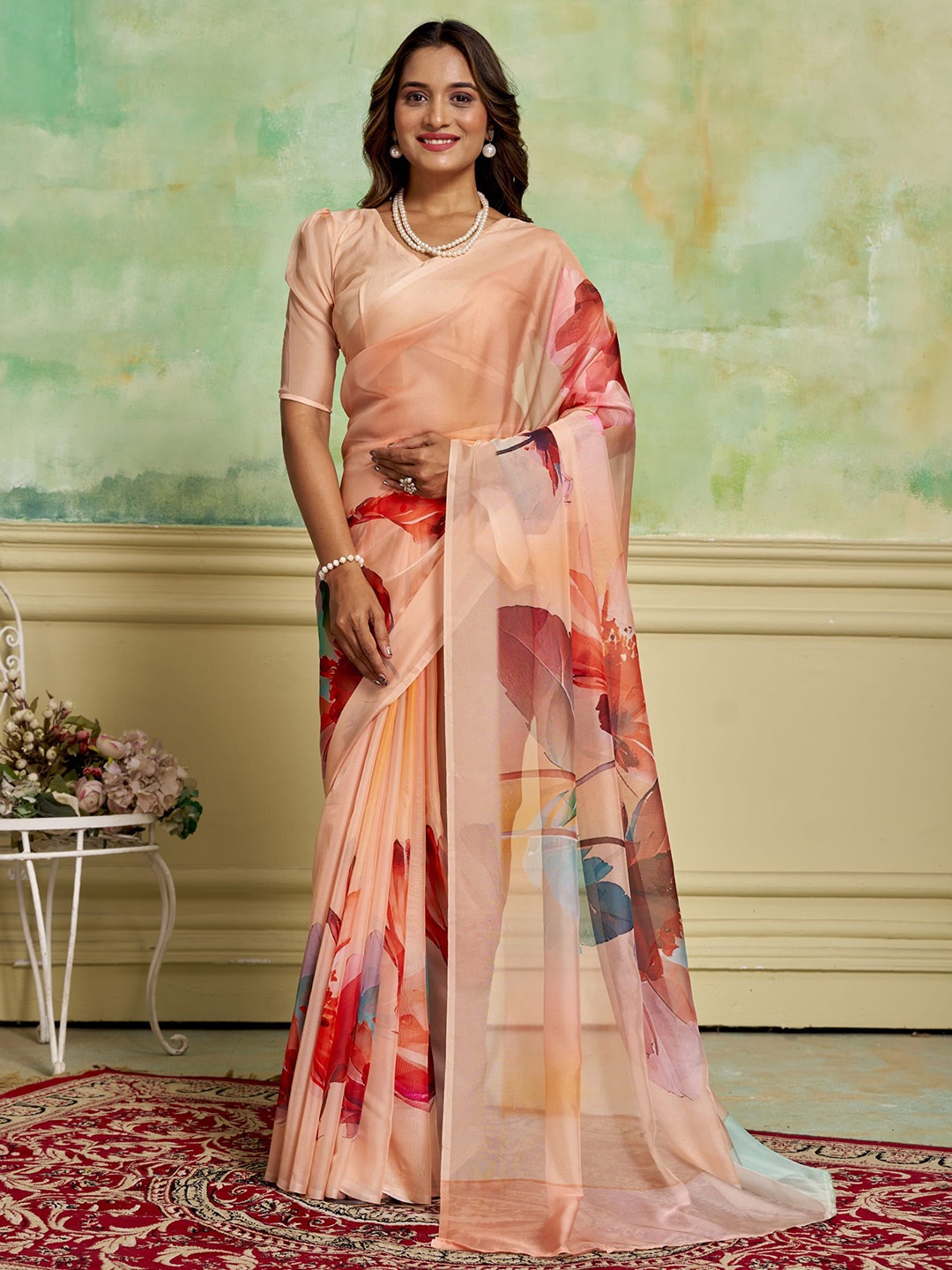 

KAYOMMI Floral Organza Saree, Beige